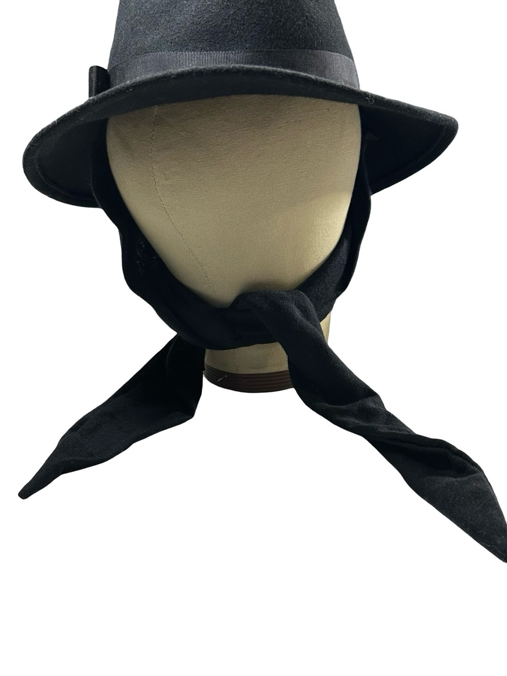 Vtg 70s USA Lancaster Black Wool Felt Fedora Hat Long Scarf Tie Cloche USA Sz S